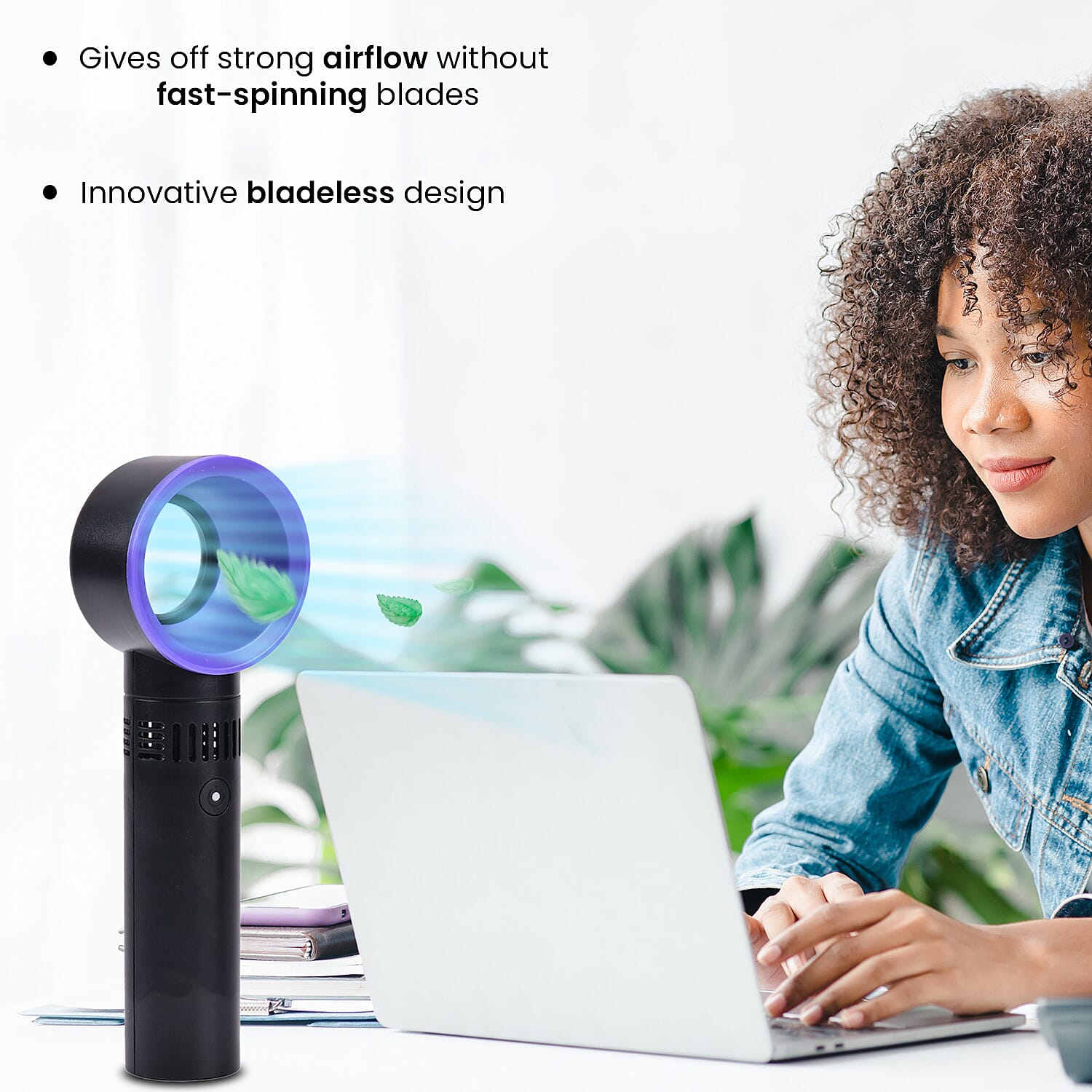 Rechargable Super Quiet Bladeless Fan with 3 Wind Speeds, upto 10HRS Run Time - Black & Blue