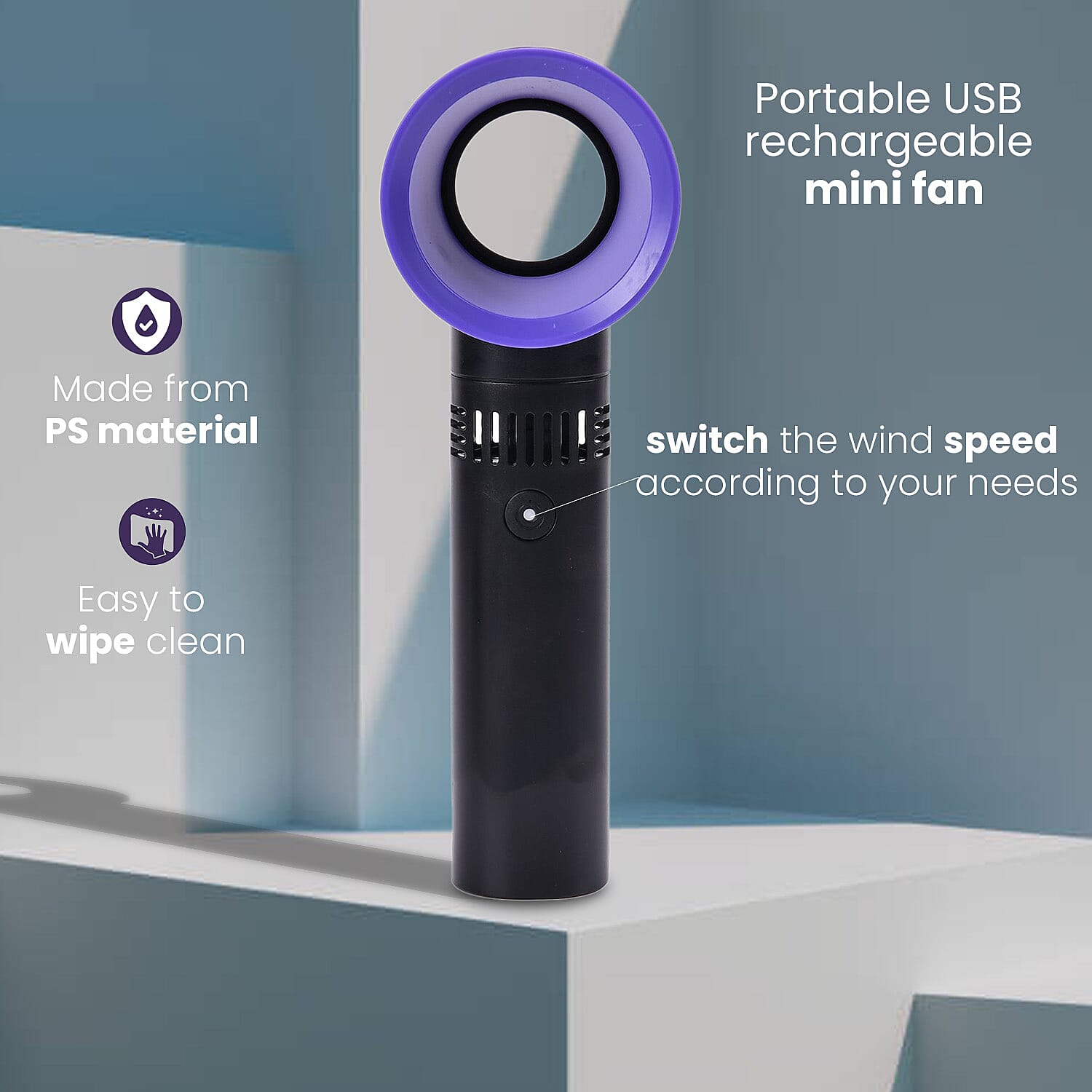 Rechargable Super Quiet Bladeless Fan with 3 Wind Speeds, upto 10HRS Run Time - Black & Blue