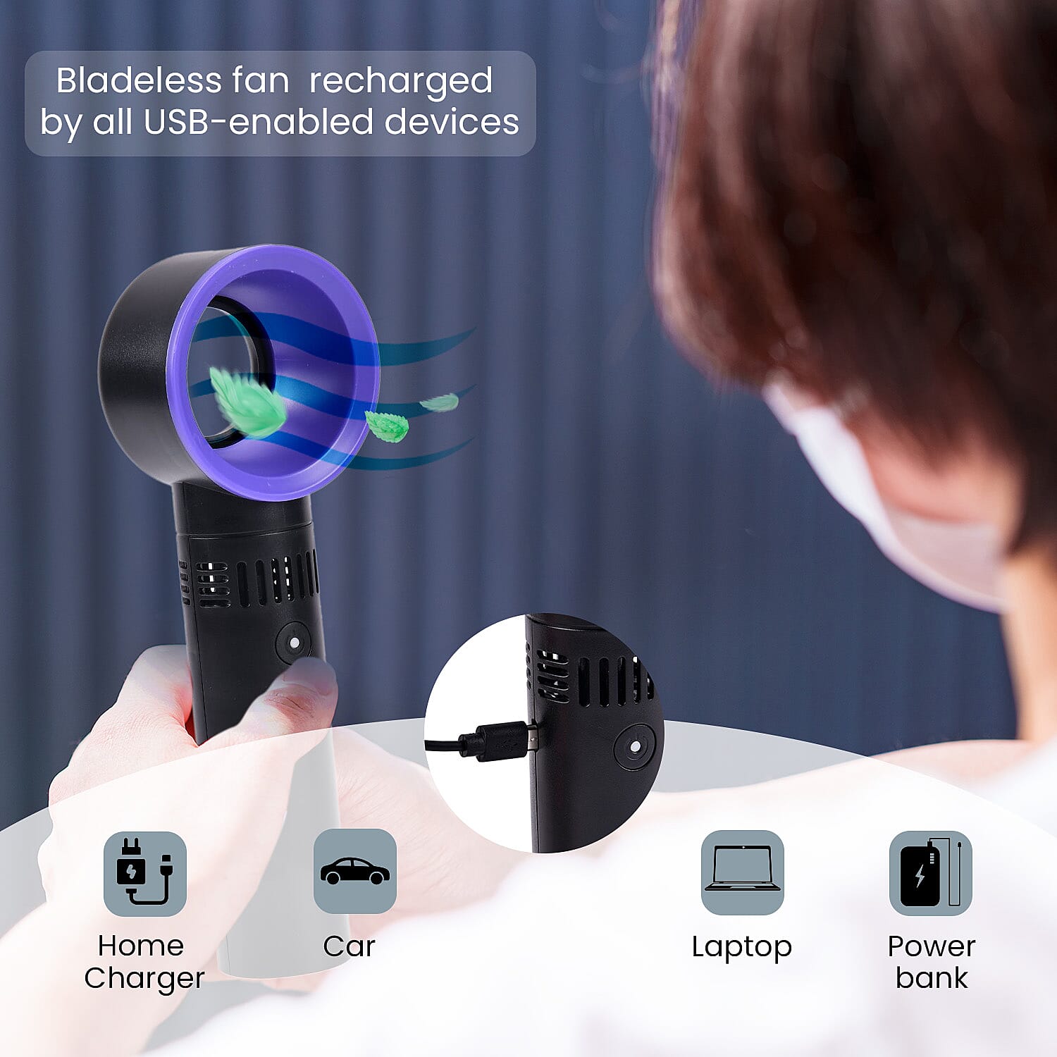 Rechargable Super Quiet Bladeless Fan with 3 Wind Speeds, upto 10HRS Run Time - Black & Blue