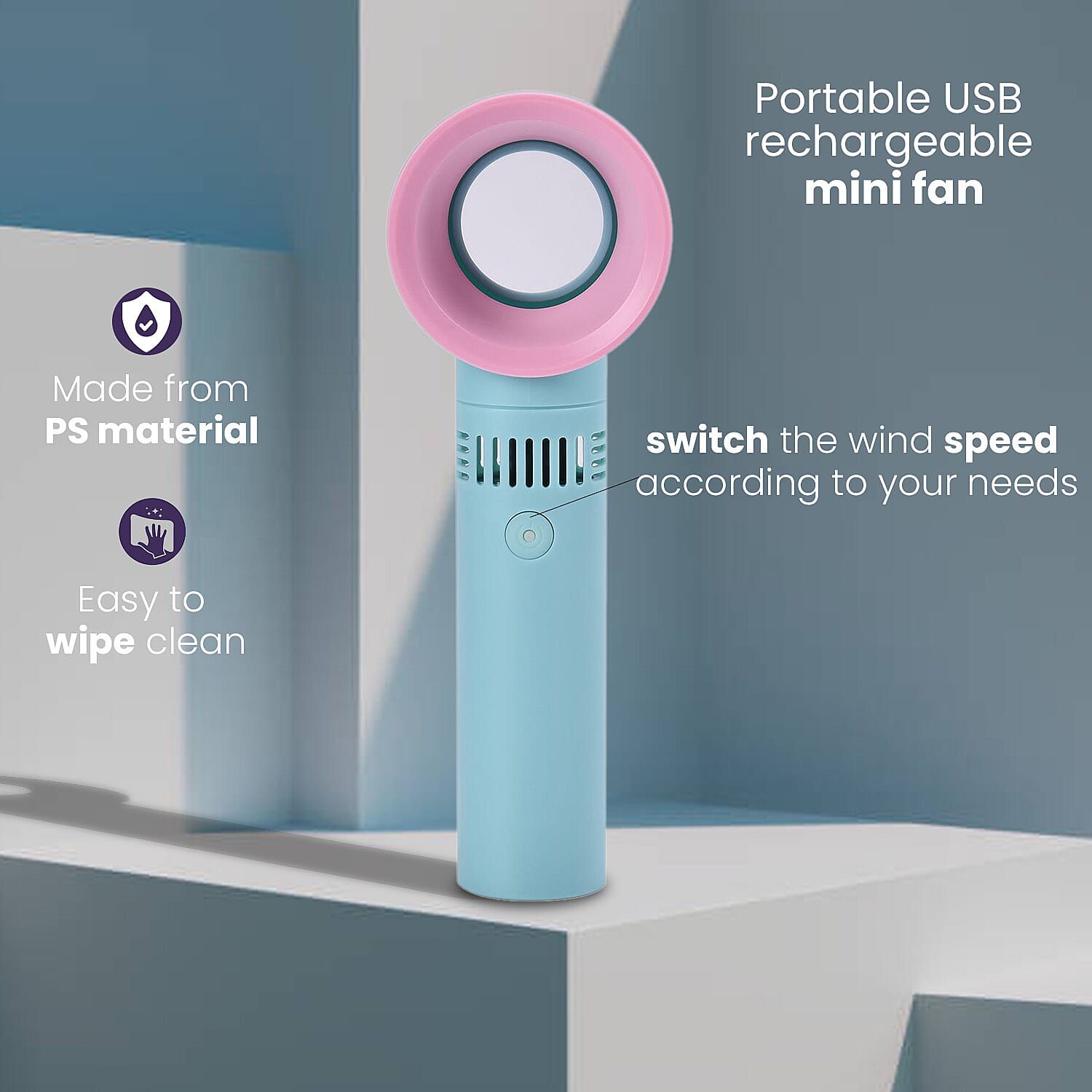 Rechargable Super Quiet Bladless Fan with 3 Wind Speeds, upto 10HRS Run Time - Turquoise and Pink