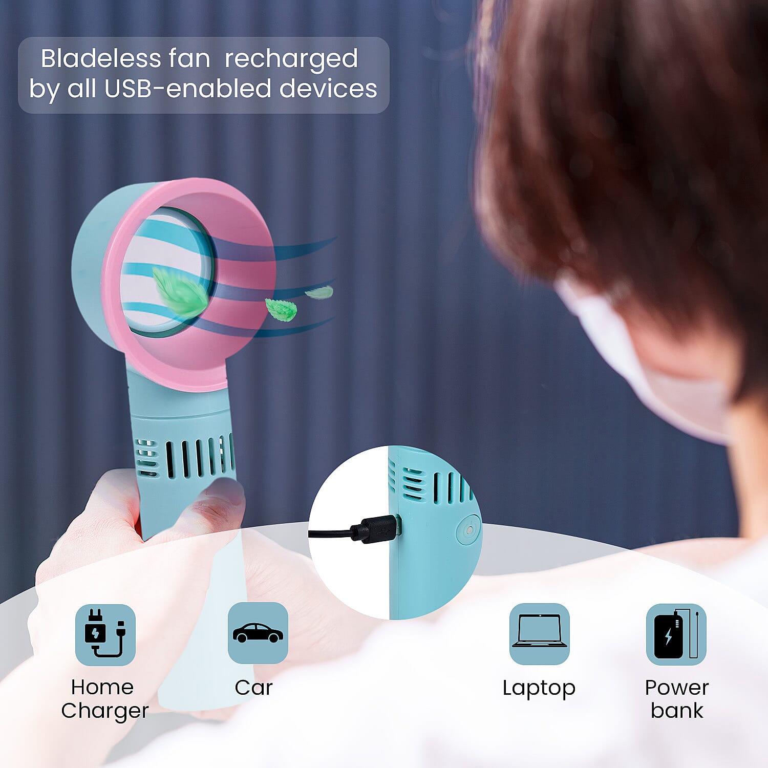 Rechargable Super Quiet Bladless Fan with 3 Wind Speeds, upto 10HRS Run Time - Turquoise and Pink