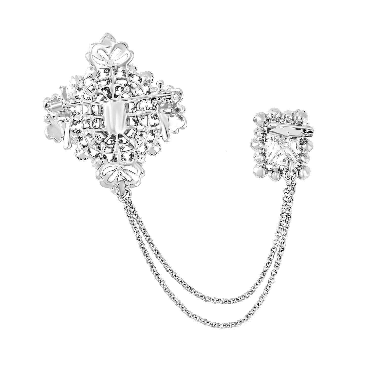 Pearl, Simulated White Sapphire and White Austrian Crystal Brooch in Silver Tone