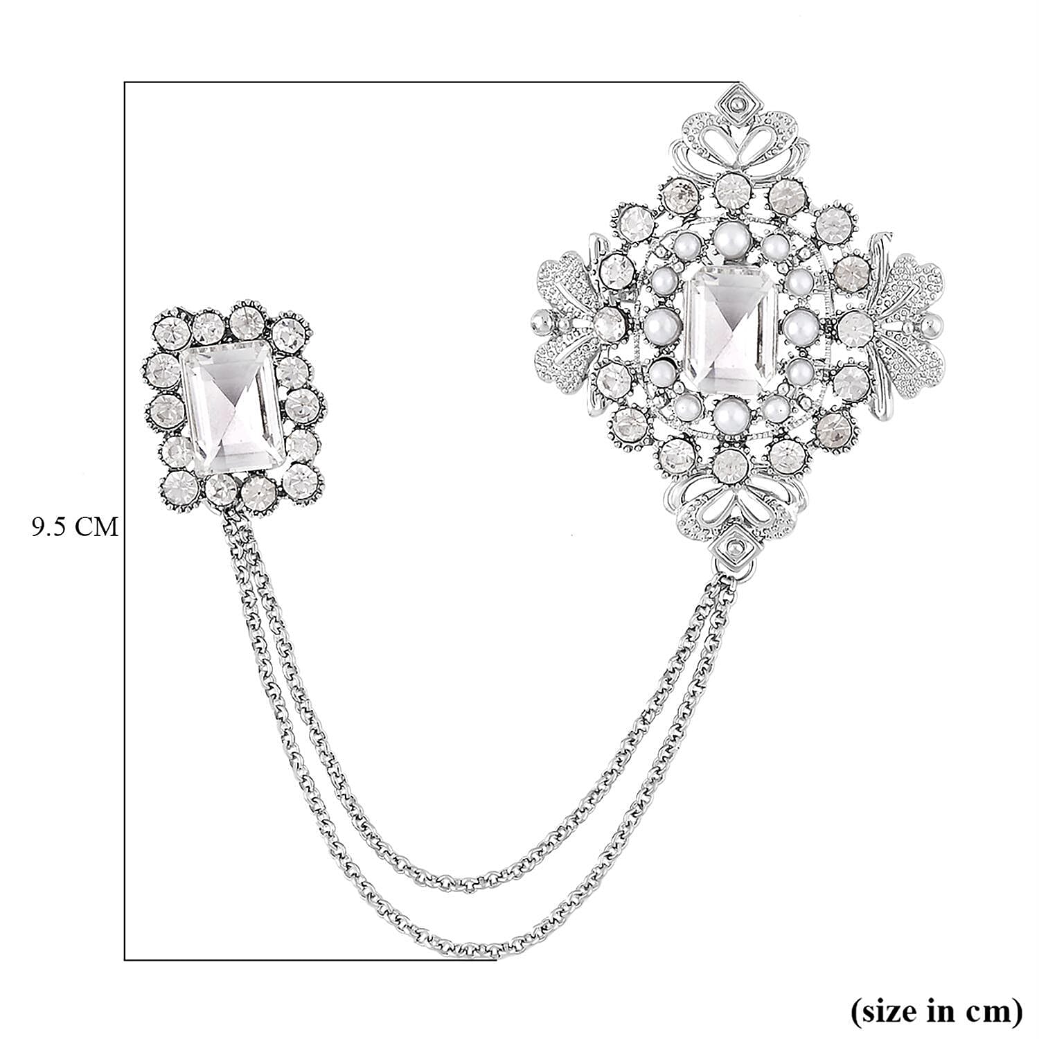 Pearl, Simulated White Sapphire and White Austrian Crystal Brooch in Silver Tone