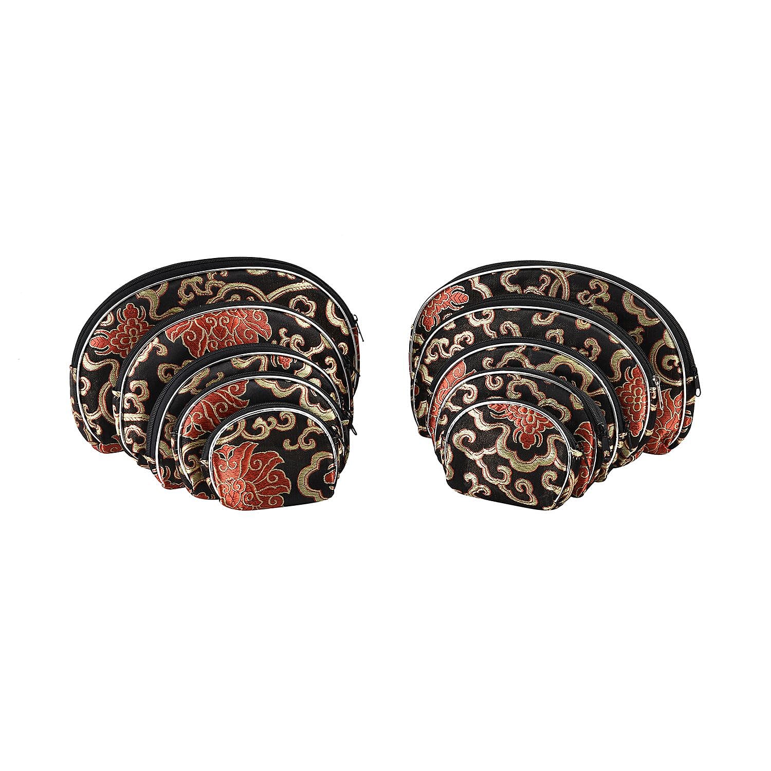 Set of 10 Embroidered Floral Pattern Multipurpose Bags with Zipper Closure - Black - Red