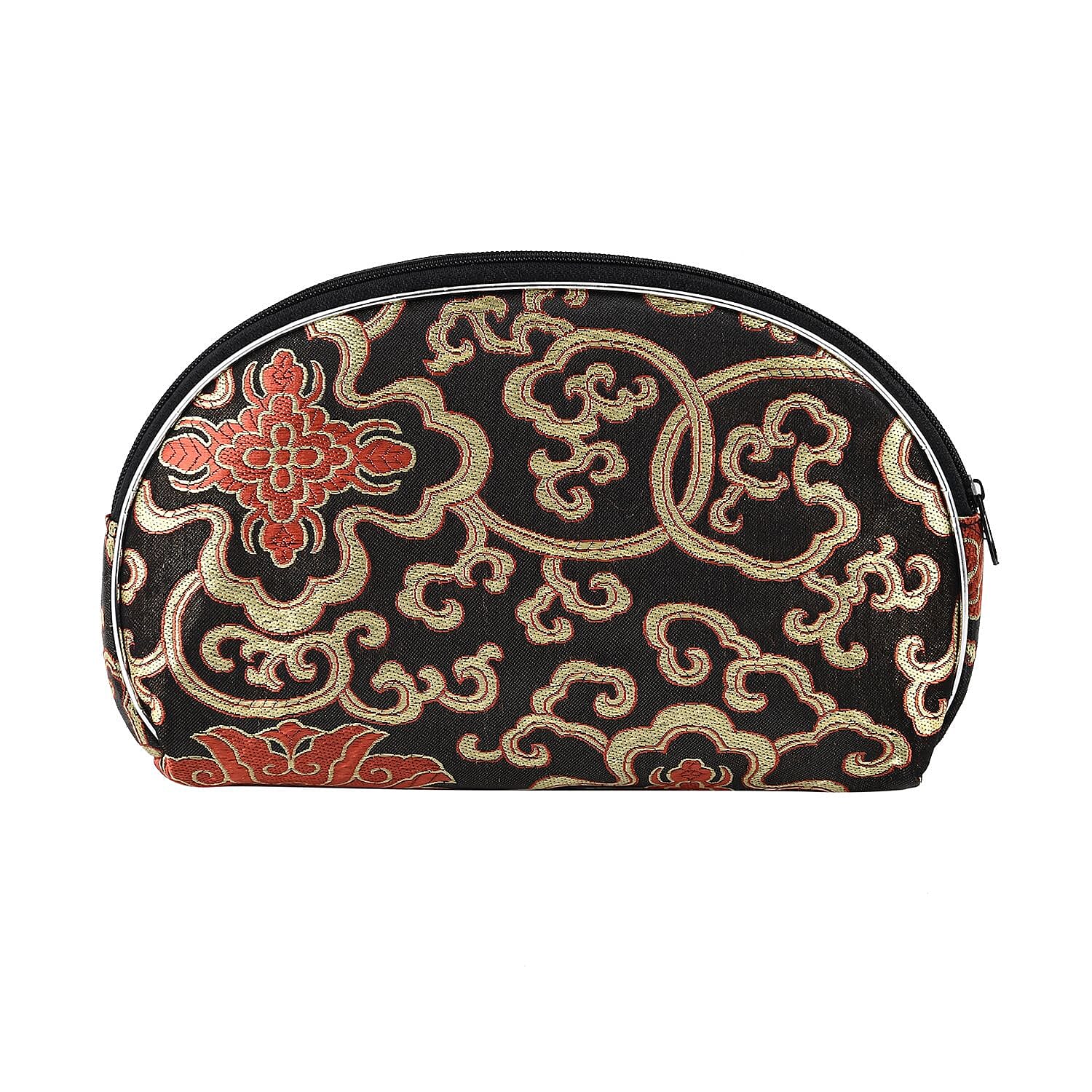 Set of 10 Embroidered Floral Pattern Multipurpose Bags with Zipper Closure - Black - Red