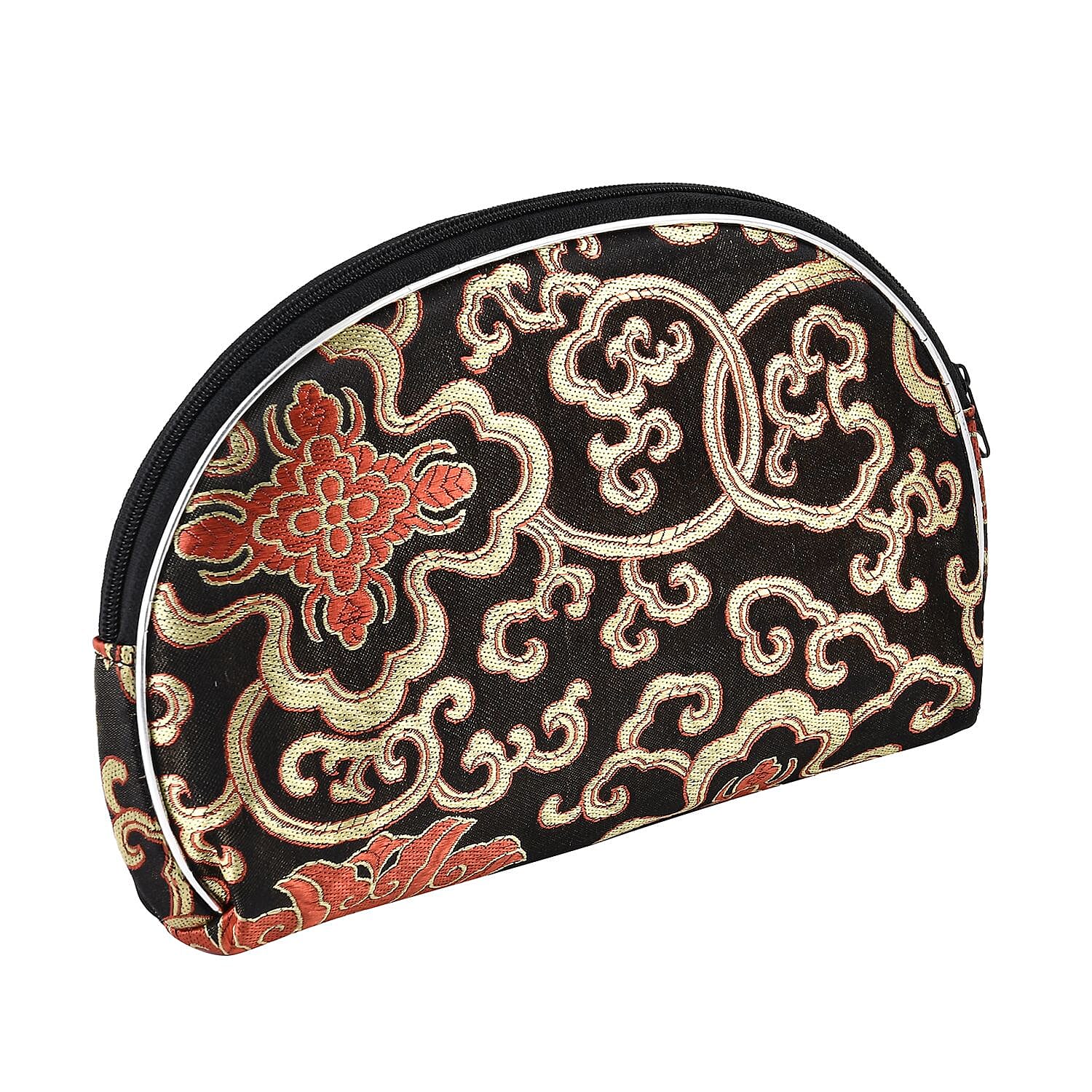 Set of 10 Embroidered Floral Pattern Multipurpose Bags with Zipper Closure - Black - Red