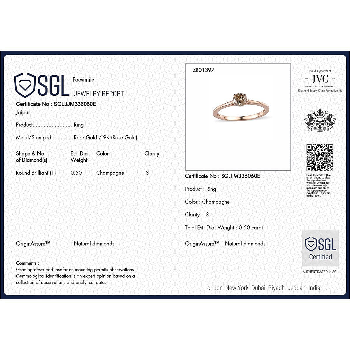 9K Rose Gold SGL Certified Champagne Diamond Solitaire Ring 0.50 Ct