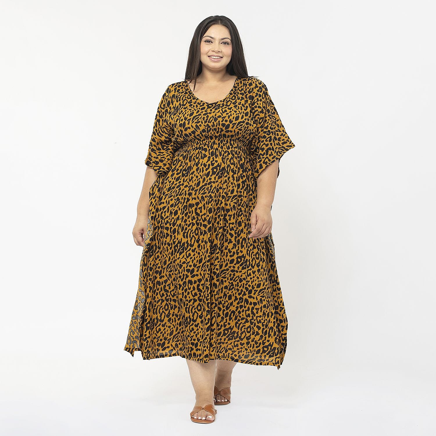 Tamsy 100% Viscose Smocked Waist Midi Dress (One Size 8 -18) - Brown