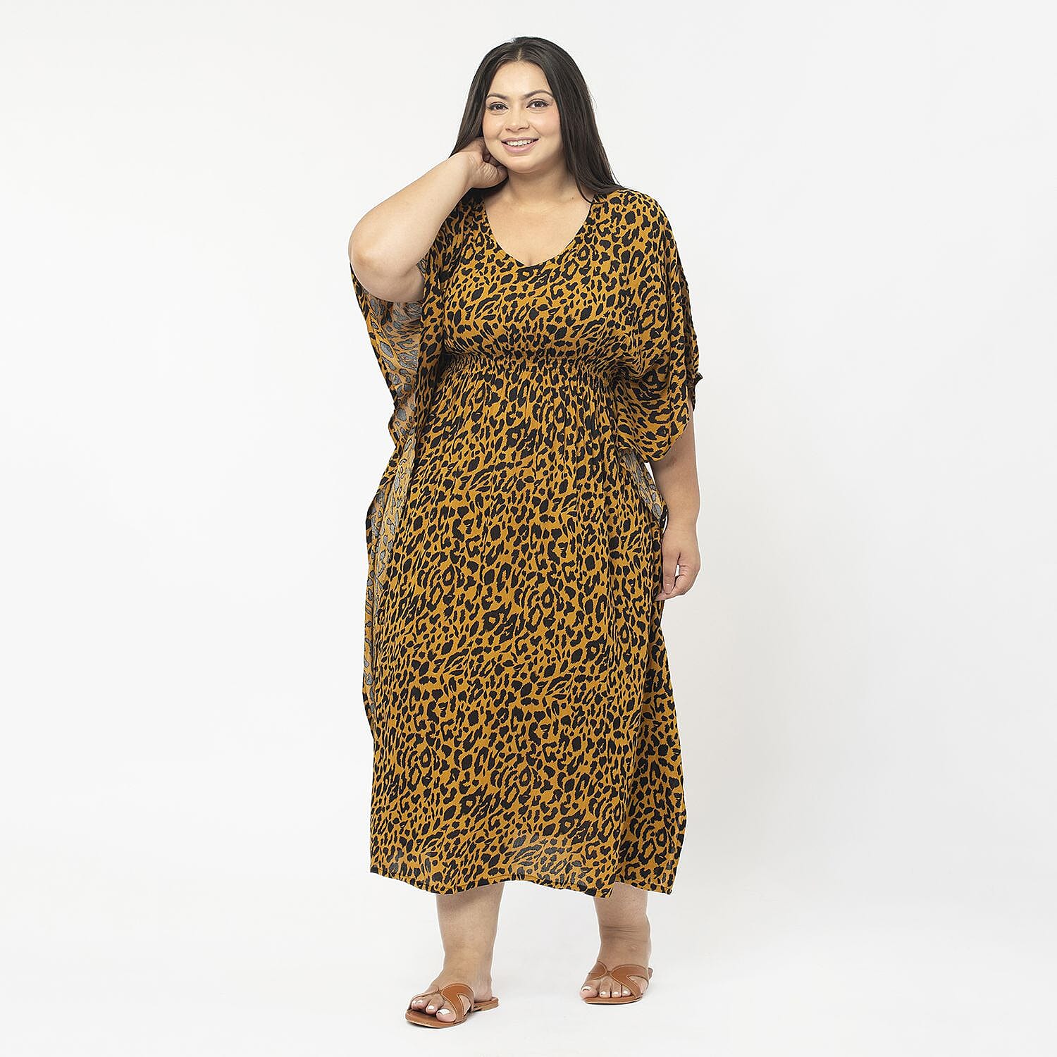 Tamsy 100% Viscose Smocked Waist Midi Dress (One Size) - Brown