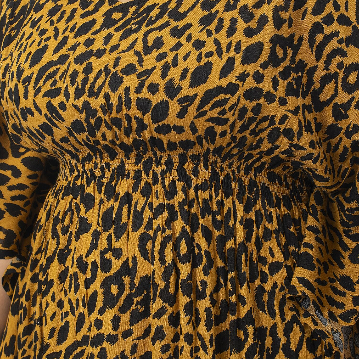 Tamsy 100% Viscose Smocked Waist Midi Dress (One Size) - Brown