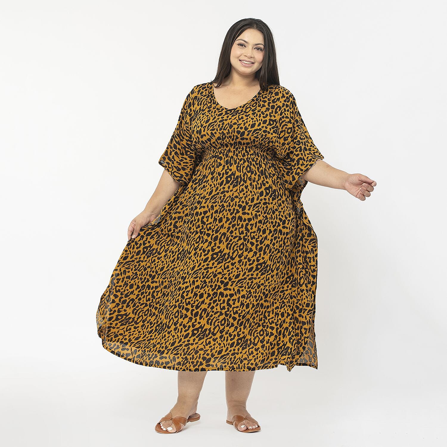 Tamsy 100% Viscose Smocked Waist Midi Dress (One Size Curve, 20-26) - Brown