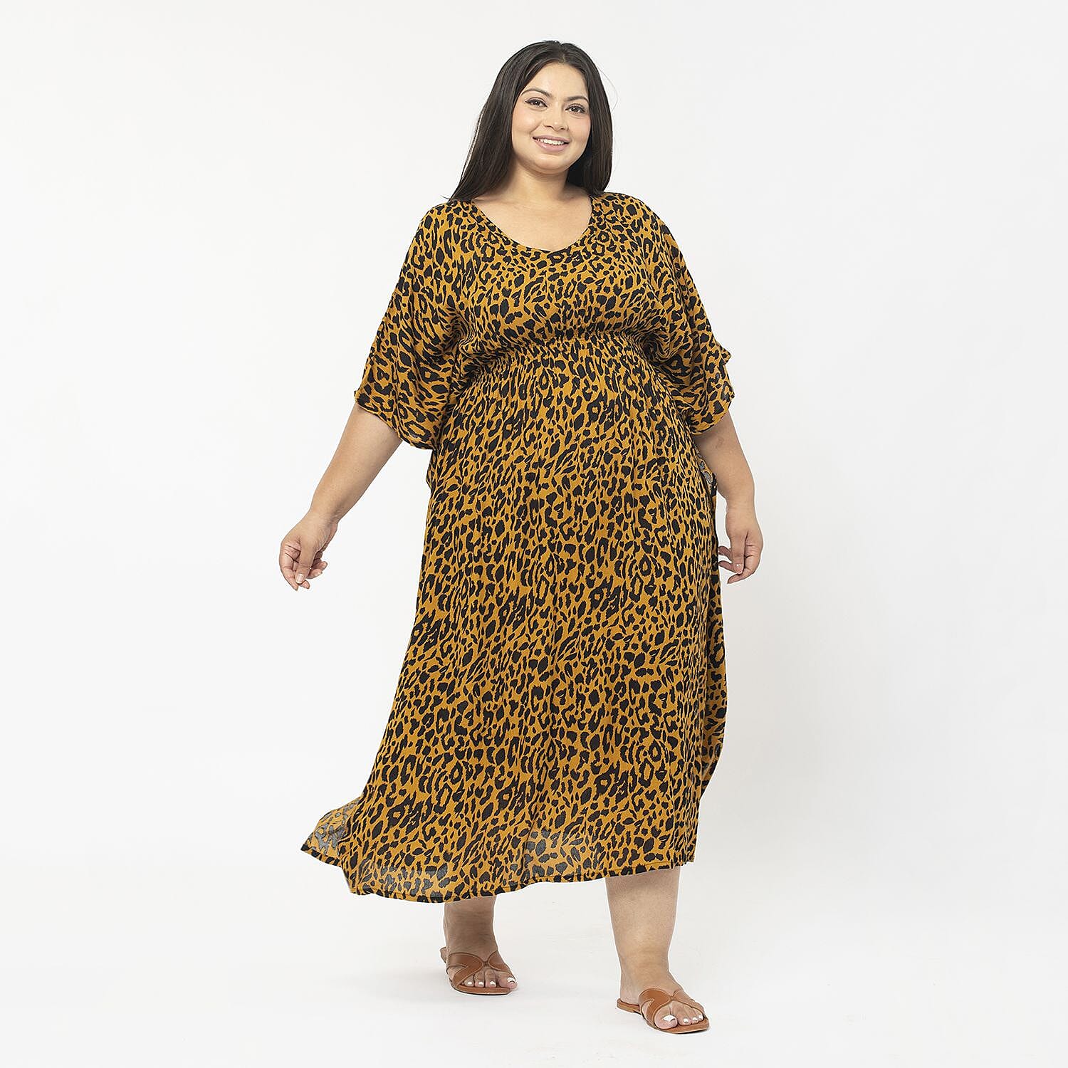 Tamsy 100% Viscose Smocked Waist Midi Dress (One Size Curve, 20-26) - Brown