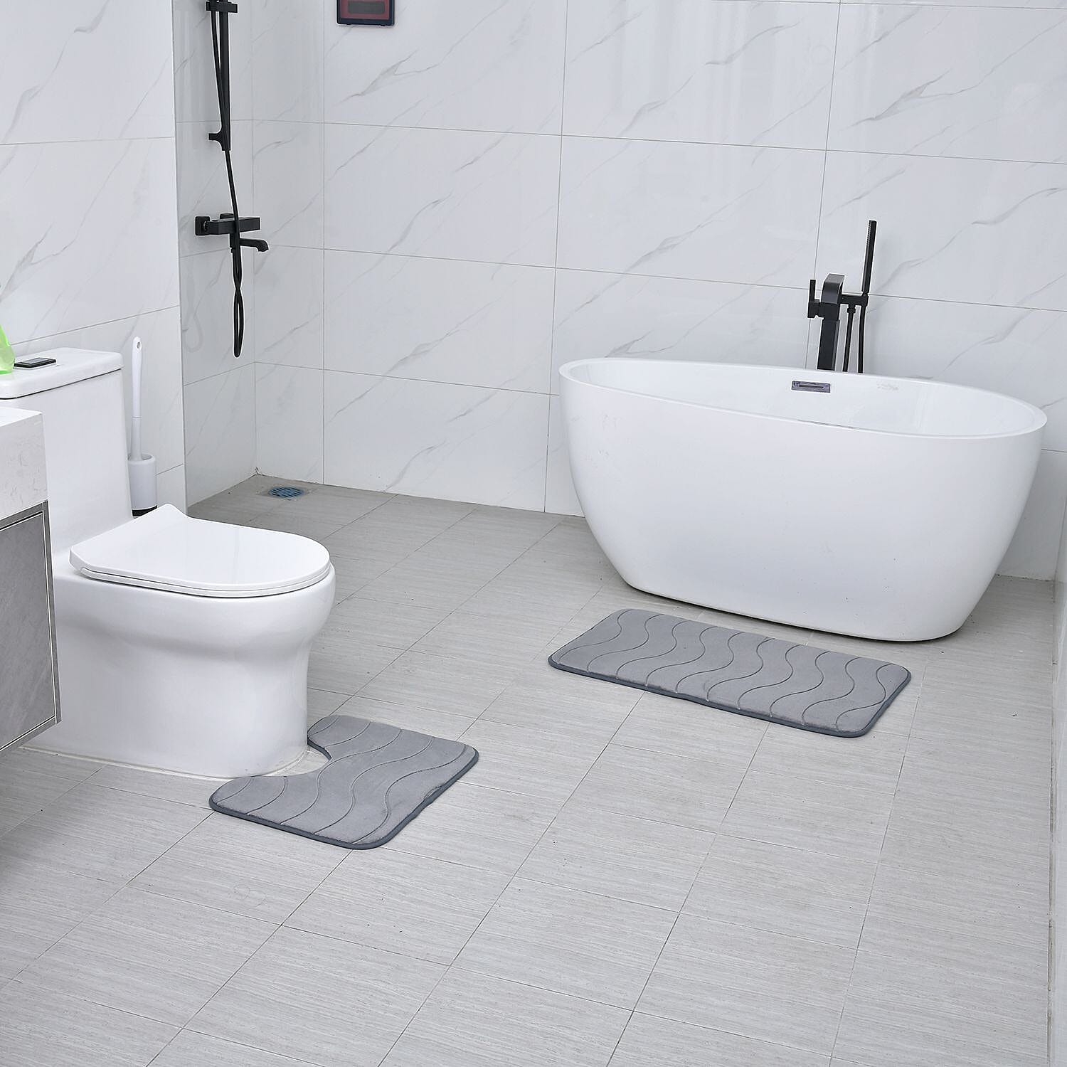 Set of 2 Extra Strong Anti-Slip Bathmat and Toilet Rug - Grey