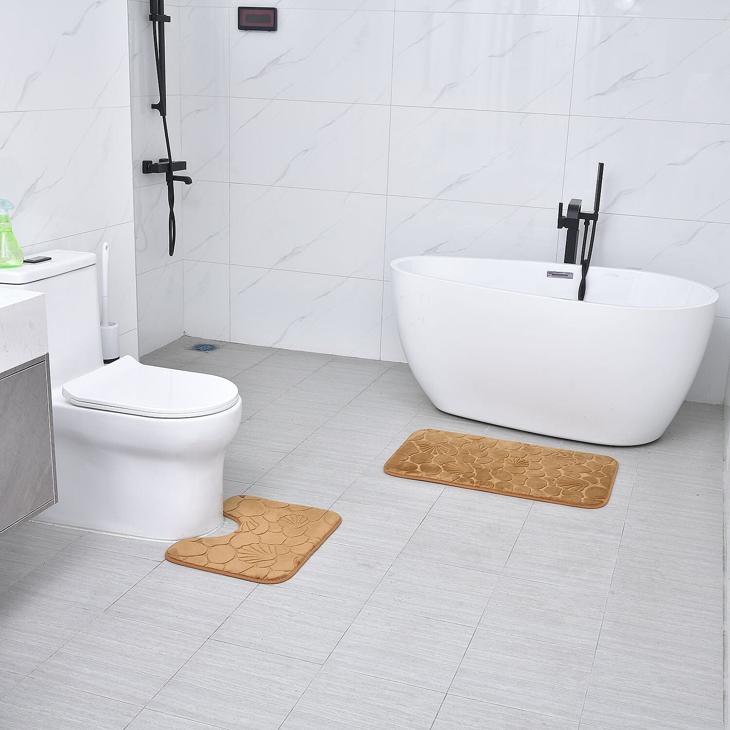 Set of 2 Extra Strong Anti-Slip Bathmat and Toilet Rug - Brown