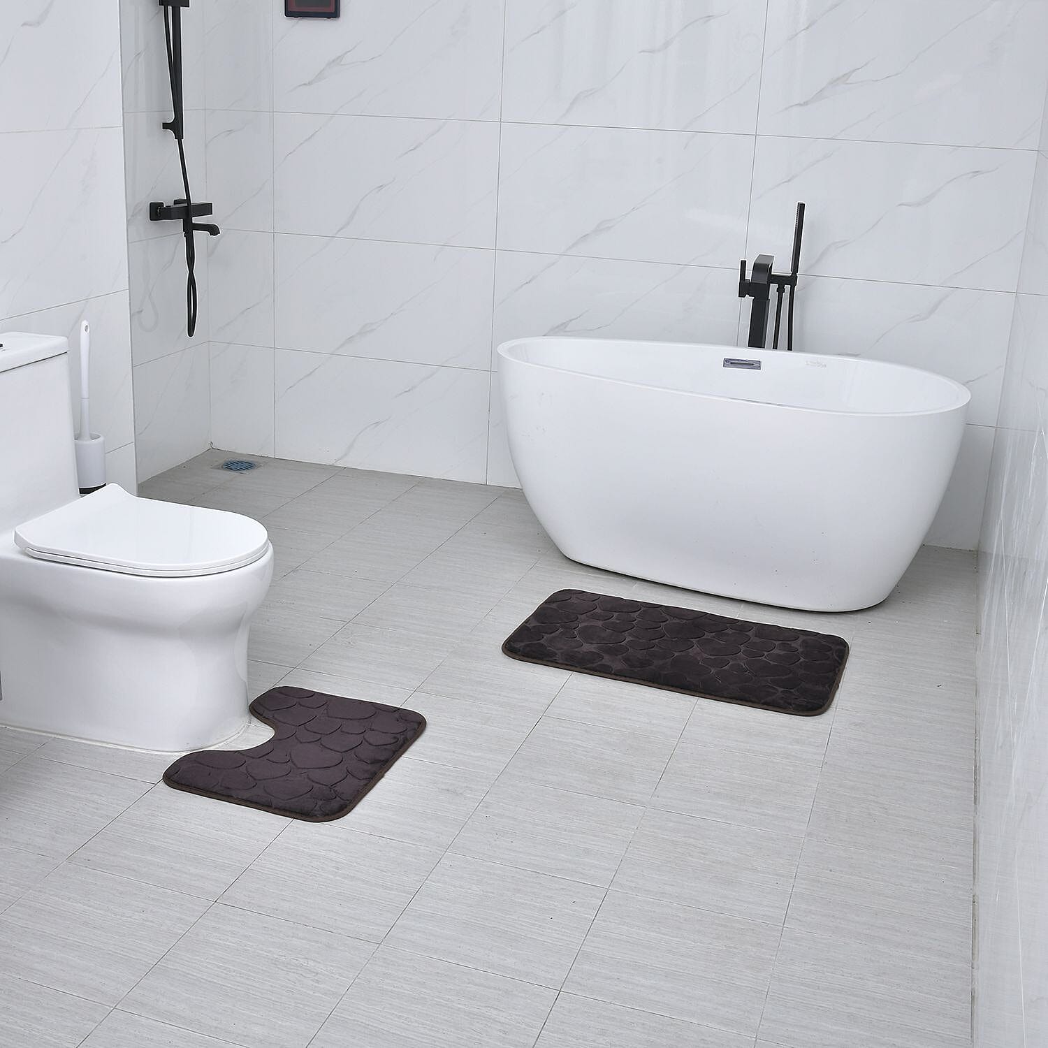 Set of 2 Extra Strong Anti-Slip Bathmat and Toilet Rug - Coffee