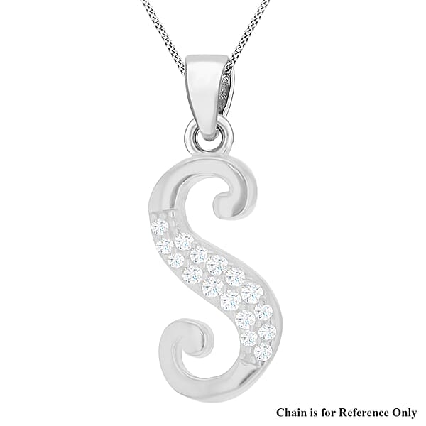 S Initial Pendant In Script Font In Sterling Silver Rhodium Plated