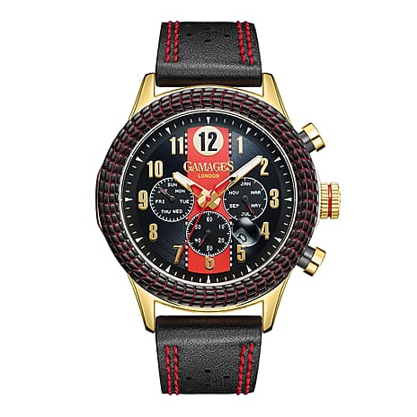 GAMAGES OF LONDON Limited Edition Hand Assembled RPM Automatic Water Resistant Watch with Red Black Dial and Leather Strap