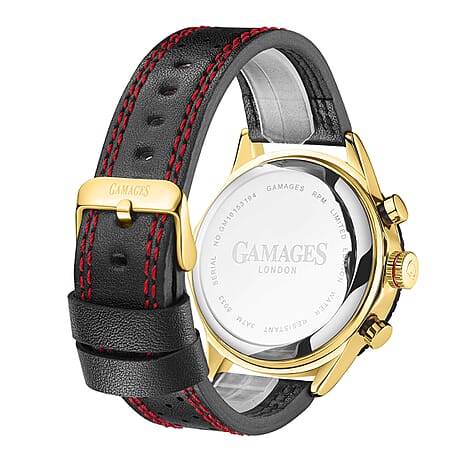GAMAGES OF LONDON Limited Edition Hand Assembled RPM Automatic Water Resistant Watch with Red Black Dial and Leather Strap