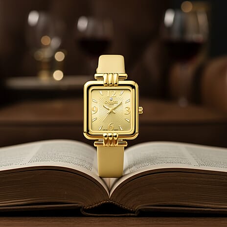 GAMAGES OF LONDON Limited Edition Mermaid Diamond Swiss Quartz Movement, Water Resistant Ladies Watch in Gold Dial and Gold Leather Strap