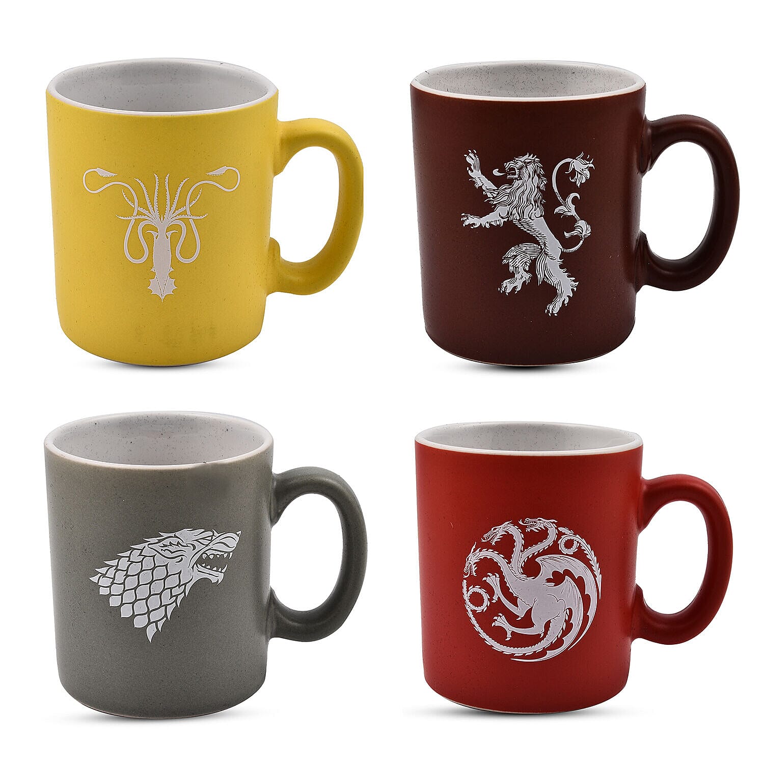 Closeout Deal - Game of Thrones Emblem and Slogans Espresso Ceramic Mug Set - 4 Mugs and 4 Saucers - Multi Colour