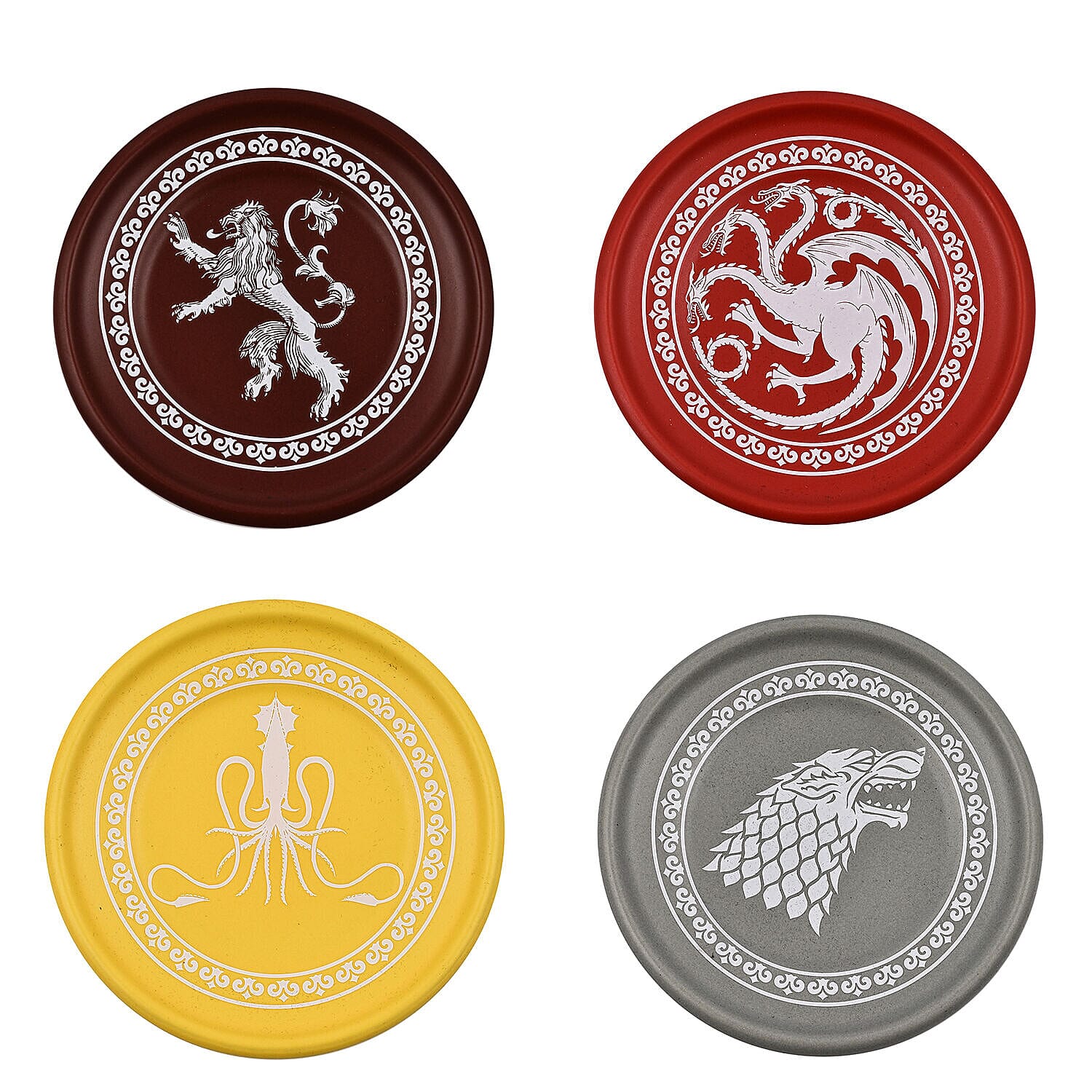 Closeout Deal - Game of Thrones Emblem and Slogans Espresso Ceramic Mug Set - 4 Mugs and 4 Saucers - Multi Colour