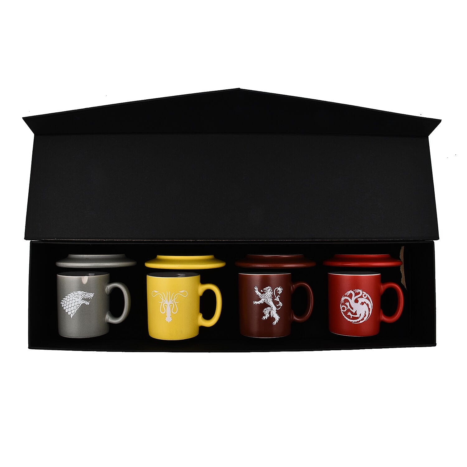 Closeout Deal - Game of Thrones Emblem and Slogans Espresso Ceramic Mug Set - 4 Mugs and 4 Saucers - Multi Colour