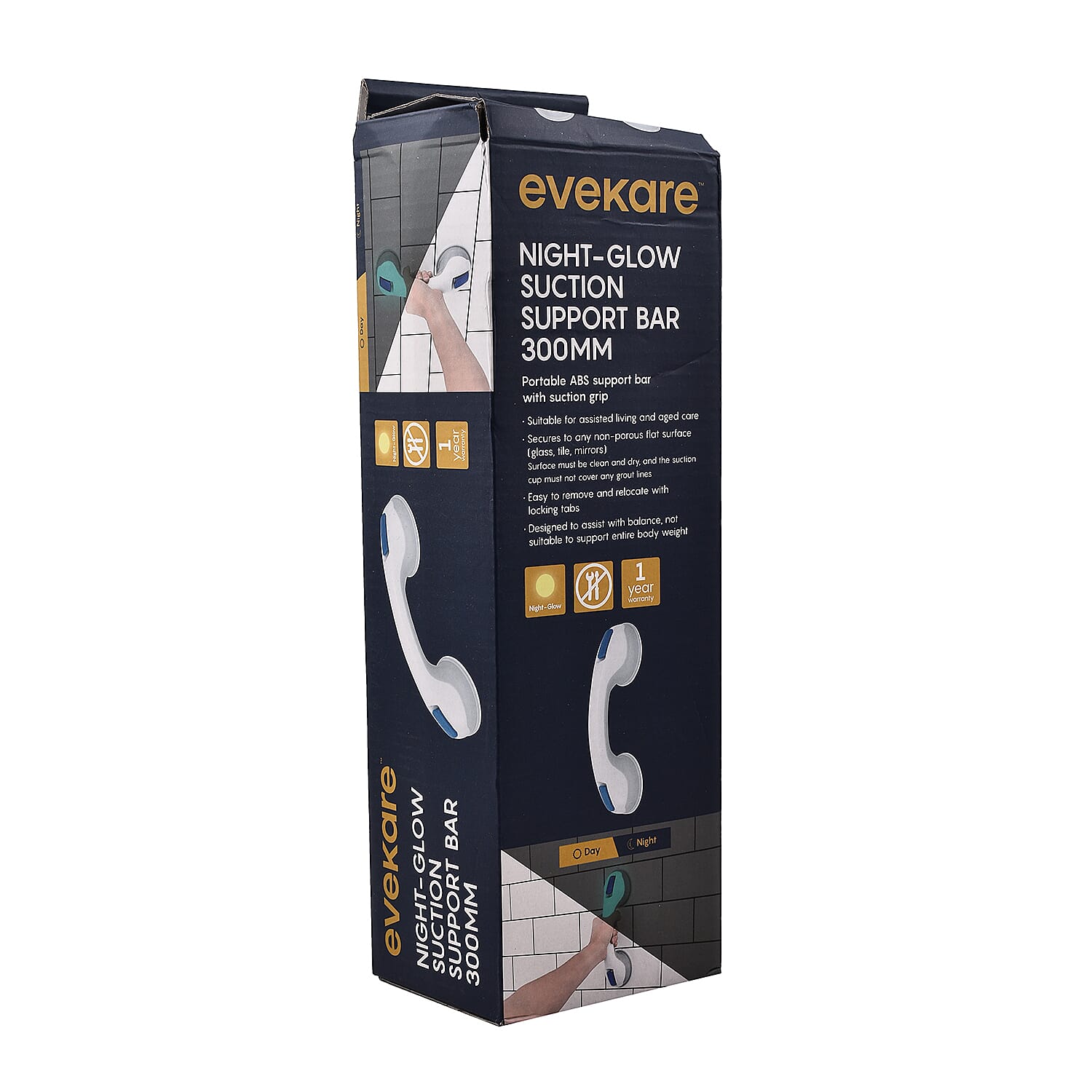 EVEKARE Suction Grab Rail for Smooth Surface (Glow in Dark) 300mm - White