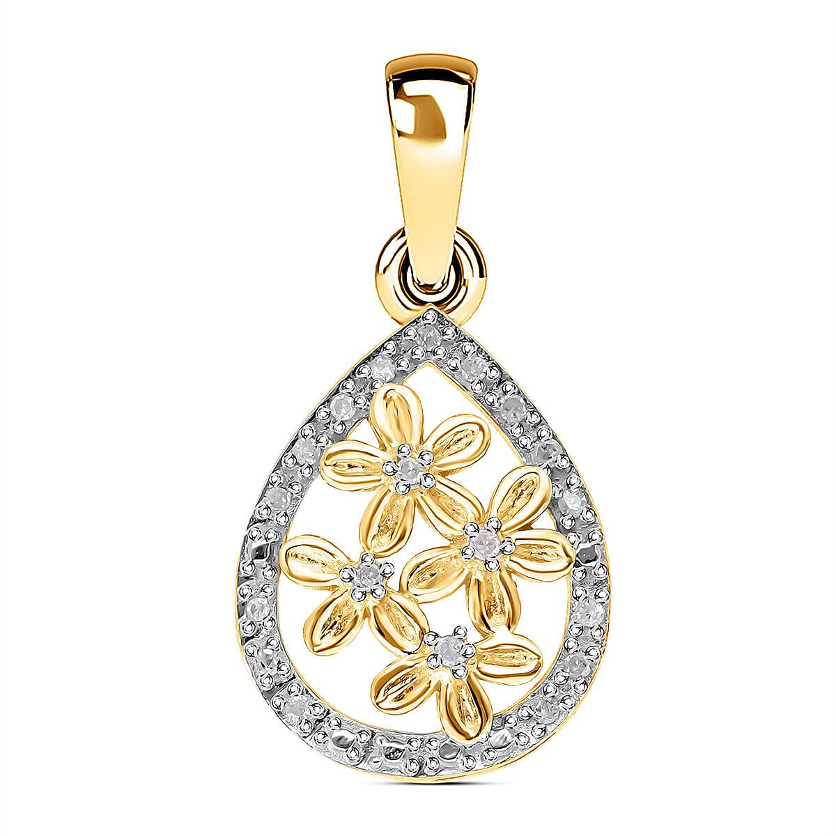 One Time Deal- 19 Diamond Floral Pendant in Vermeil Yellow Gold Plated Sterling Silver