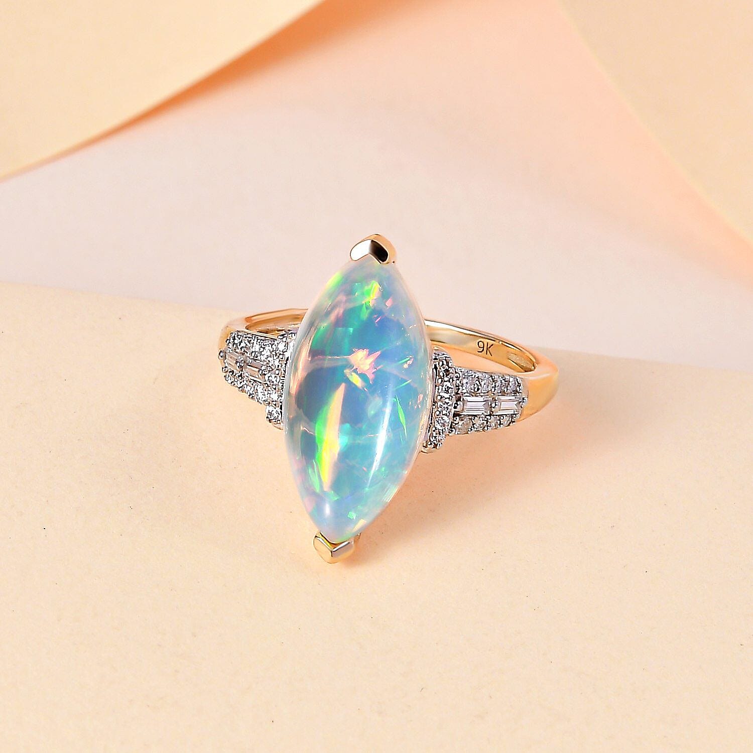 9K Yellow Gold Natural Ethiopian Welo Opal (3.75 Cts) and Moissanite Ring 4.05 Ct