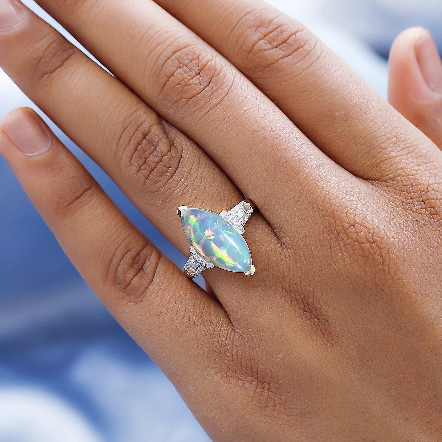 9K Yellow Gold Natural Ethiopian Welo Opal (3.75 Cts) and Moissanite Ring 4.05 Ct
