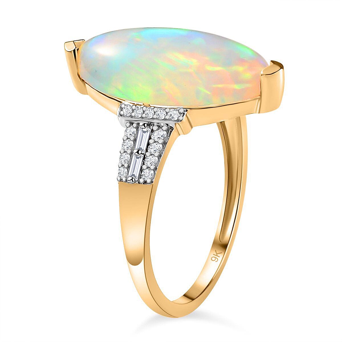 9K Yellow Gold Natural Ethiopian Welo Opal (3.75 Cts) and Moissanite Ring 4.05 Ct