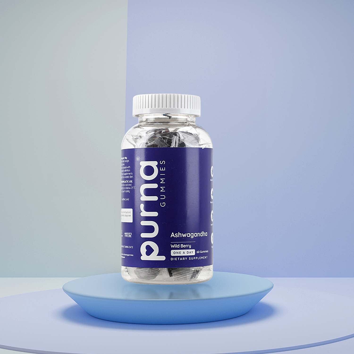 Purna - Ashwagandha Gummies Wild Berry Flavour- Helps to Decrease Stress & Anxiety, Improve Sleep (60 Gummies- 2 Months Supply)