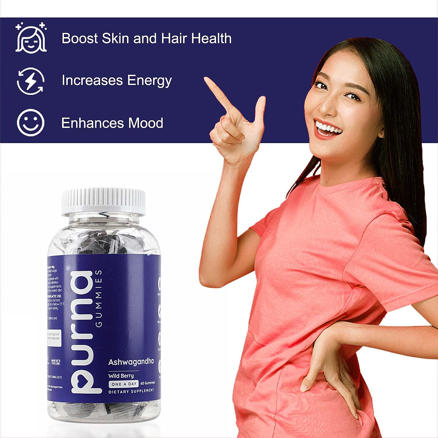 Purna - Ashwagandha Gummies Wild Berry Flavour- Helps to Decrease Stress & Anxiety, Improve Sleep (60 Gummies- 2 Months Supply)