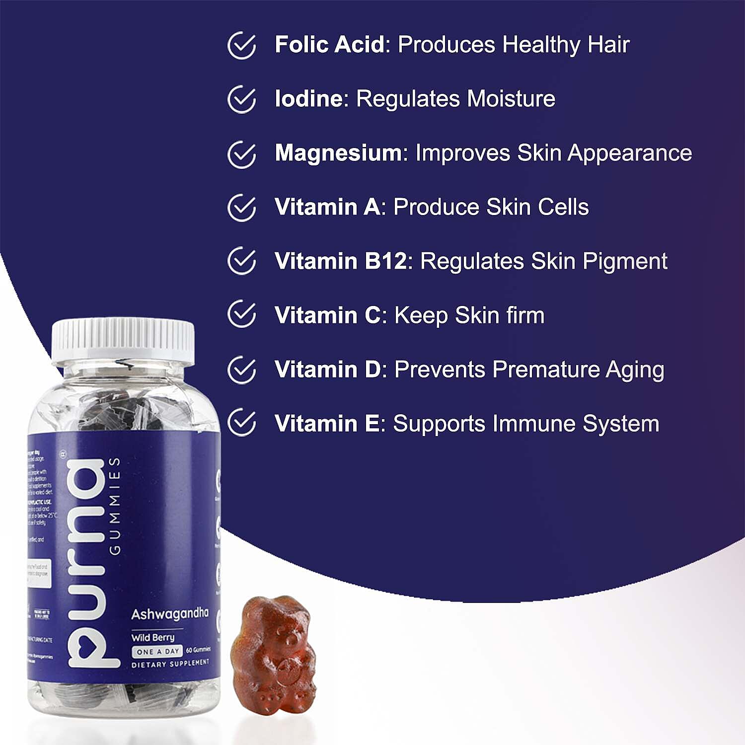 Purna - Ashwagandha Gummies Wild Berry Flavour- Helps to Decrease Stress & Anxiety, Improve Sleep (60 Gummies- 2 Months Supply)