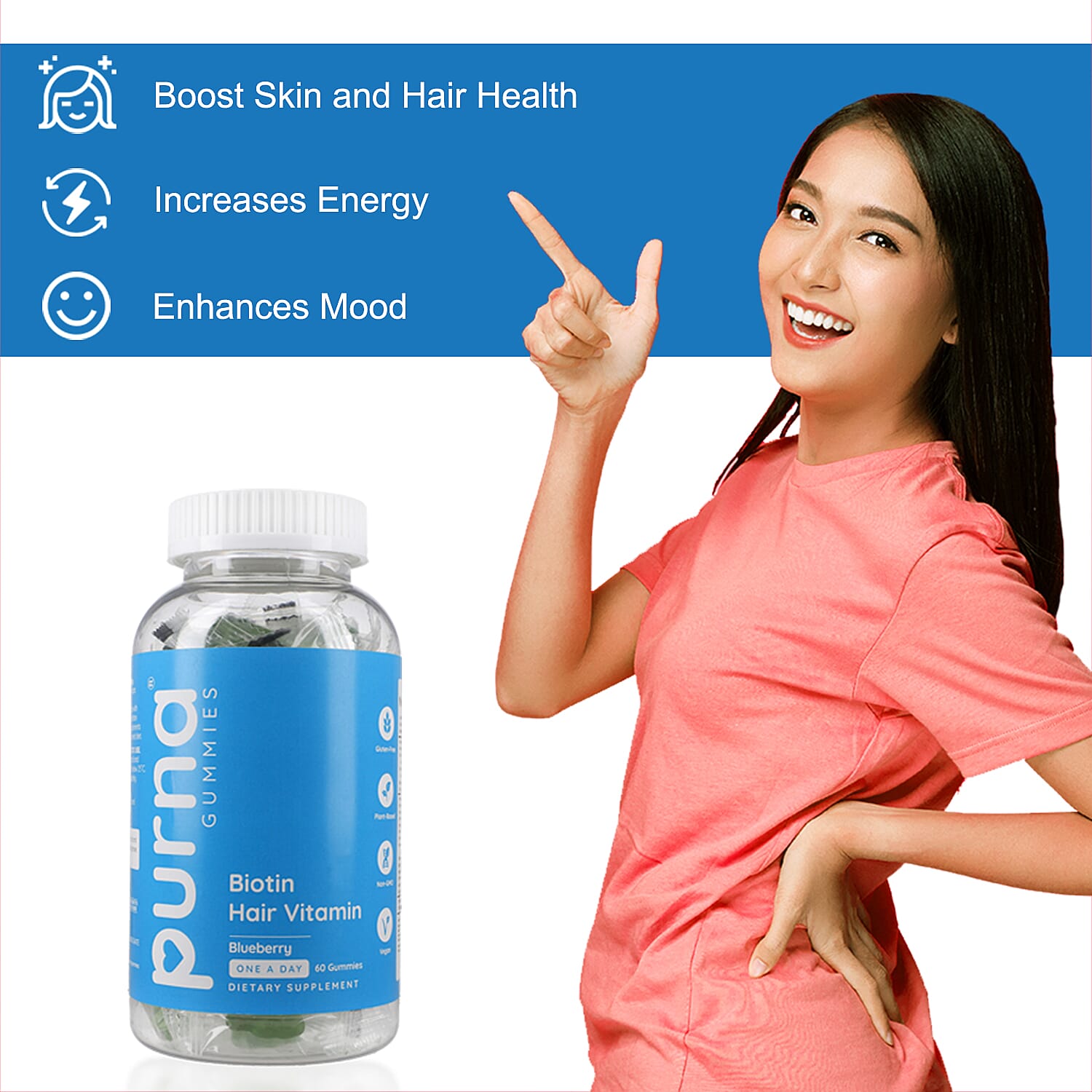 Purna - Blueberry Flavoured Gummies - Helps with Nutriton &  Health For Hair to Repair Hair Tissue (60 Gummies- 2 Months Supply).Best Before 30th Sep 2025