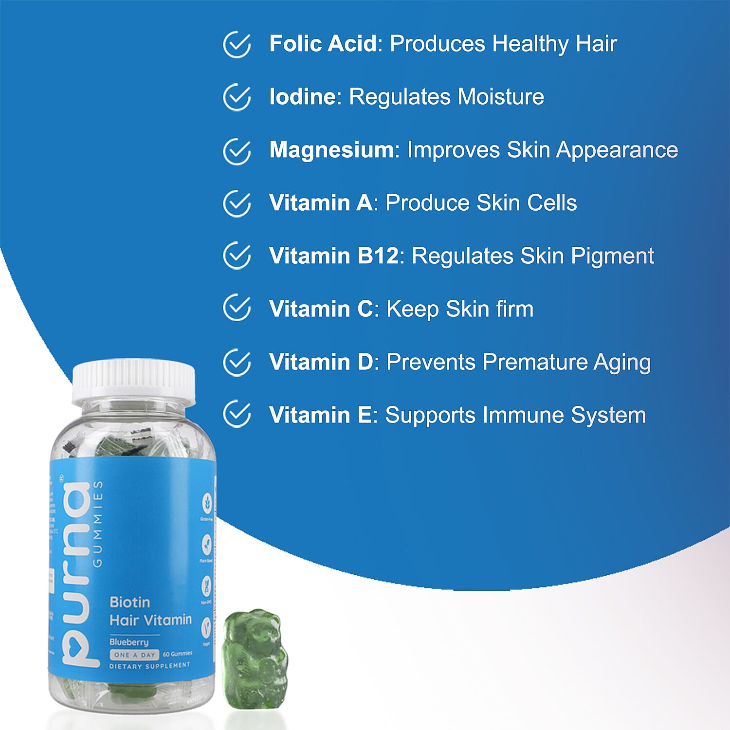 Purna - Blueberry Flavoured Gummies - Helps with Nutriton &  Health For Hair to Repair Hair Tissue (60 Gummies- 2 Months Supply).Best Before 30th Sep 2025