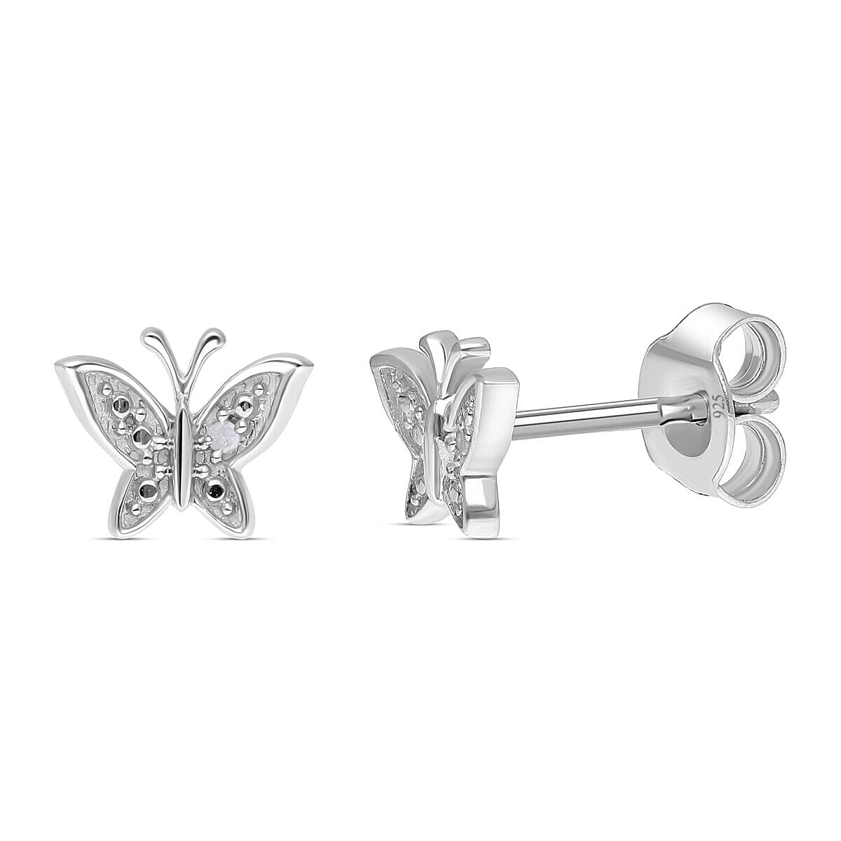 Diamond Butterfly Earrings (with Push Back) in Platinum Overlay Sterling Silver