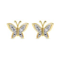 White Diamond Butterfly Earrings (with Push Back) in Vermeil Yellow Gold Plated Sterling Silver