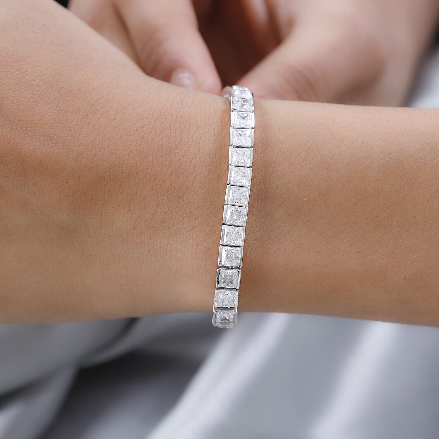 Moissanite Bracelet (Size - 8) in Platinum Overlay Sterling Silver 18.231 Ct, Silver Wt. 13.97 Gms