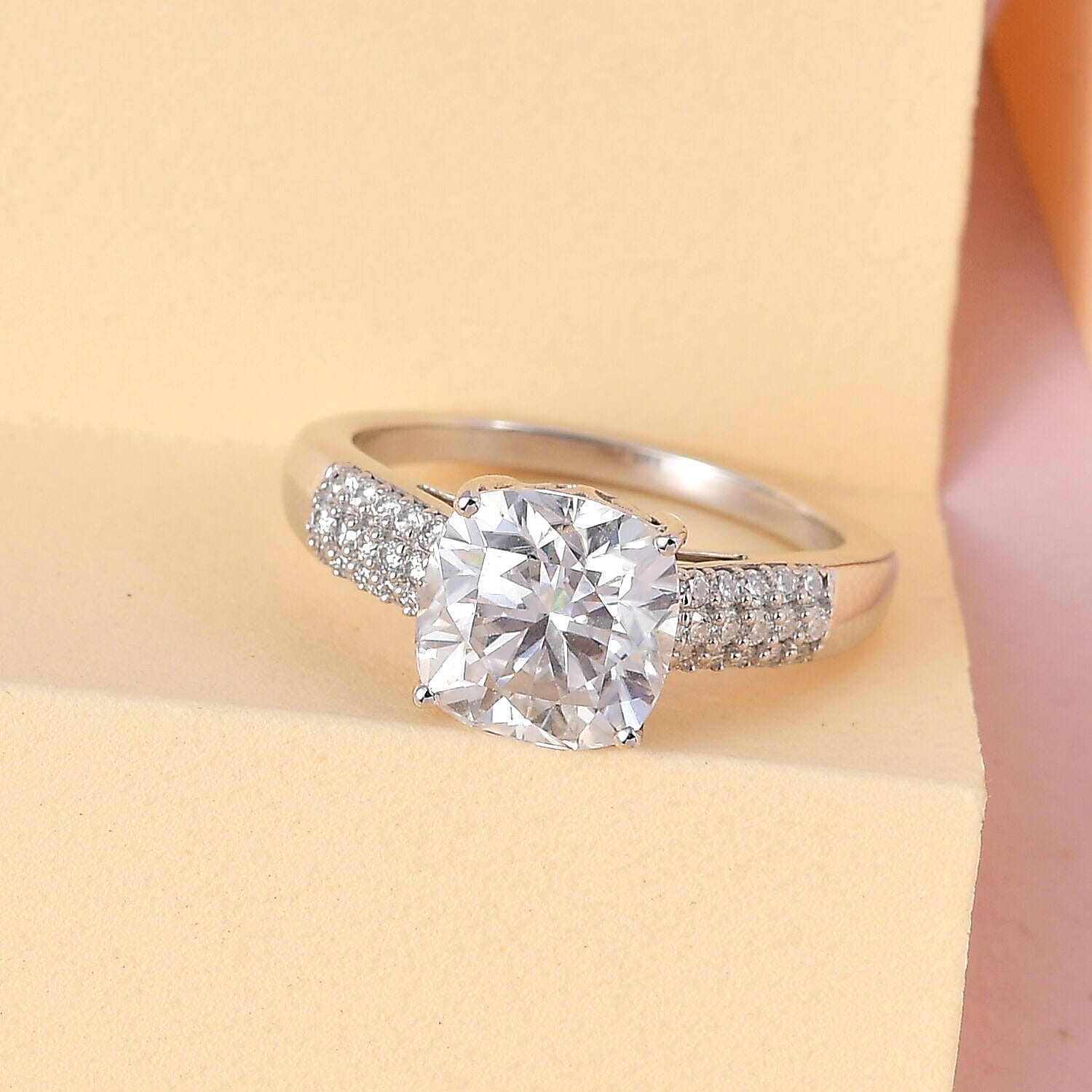 Moissanite Ring in Platinum Overlay Sterling Silver 3.80 Ct.