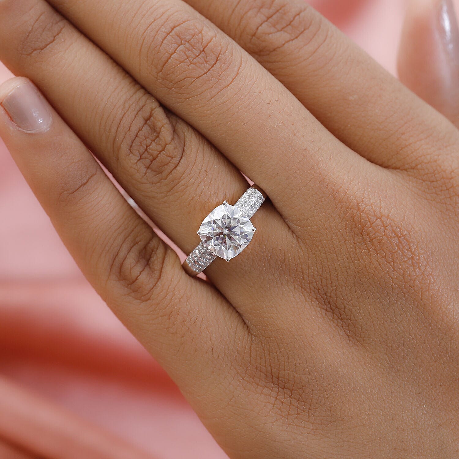 Moissanite Ring in Platinum Overlay Sterling Silver 3.80 Ct.