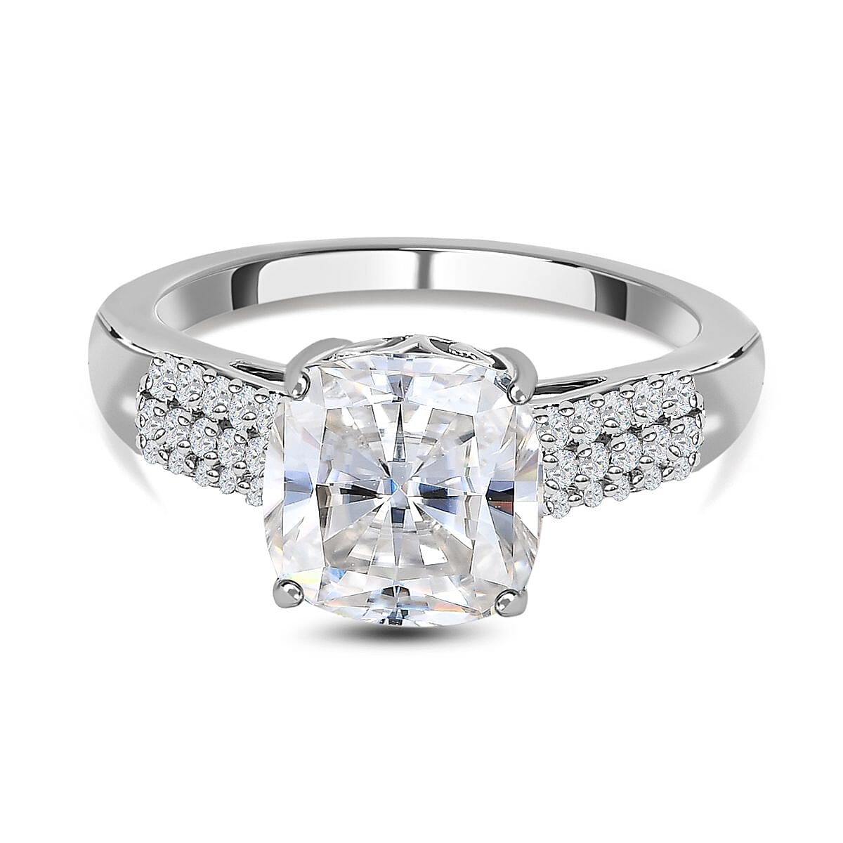 Moissanite Ring in Platinum Overlay Sterling Silver 3.80 Ct.