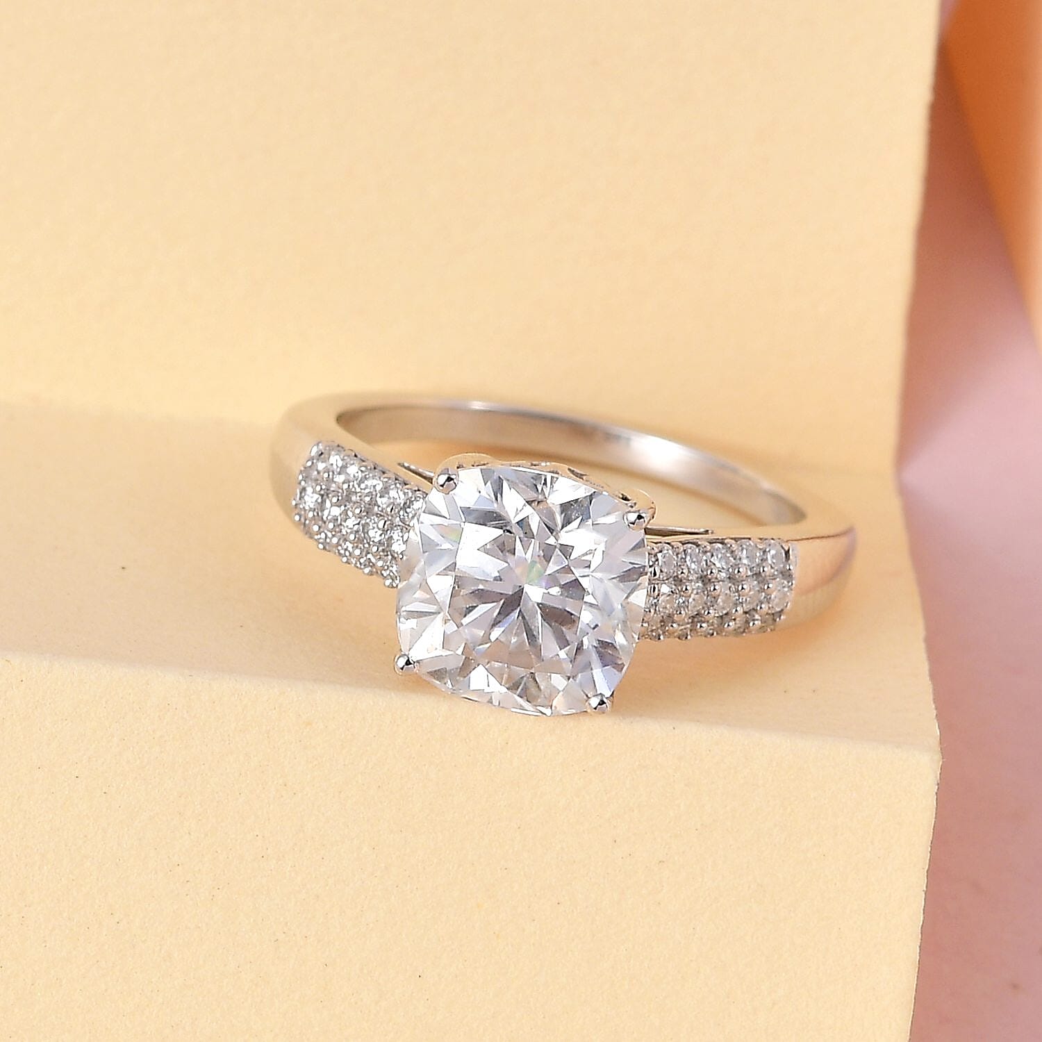 Moissanite Ring in Platinum Overlay Sterling Silver 3.80 Ct.