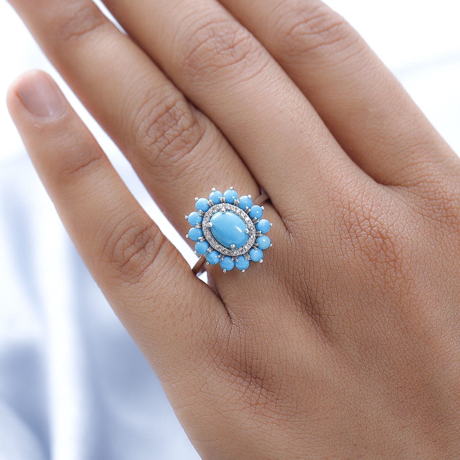 Arizona Sleeping Beauty Turquoise and Natural Zircon Cocktail Ring in Platinum Overlay Sterling Silver 2.130 Ct