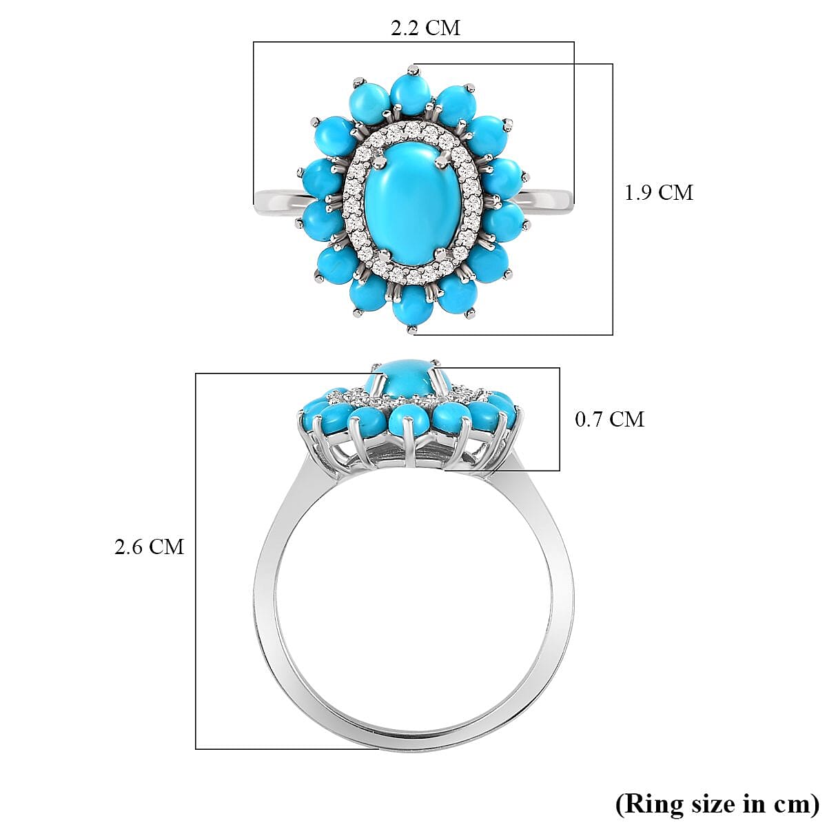 Arizona Sleeping Beauty Turquoise and Natural Zircon Cocktail Ring in Platinum Overlay Sterling Silver 2.130 Ct