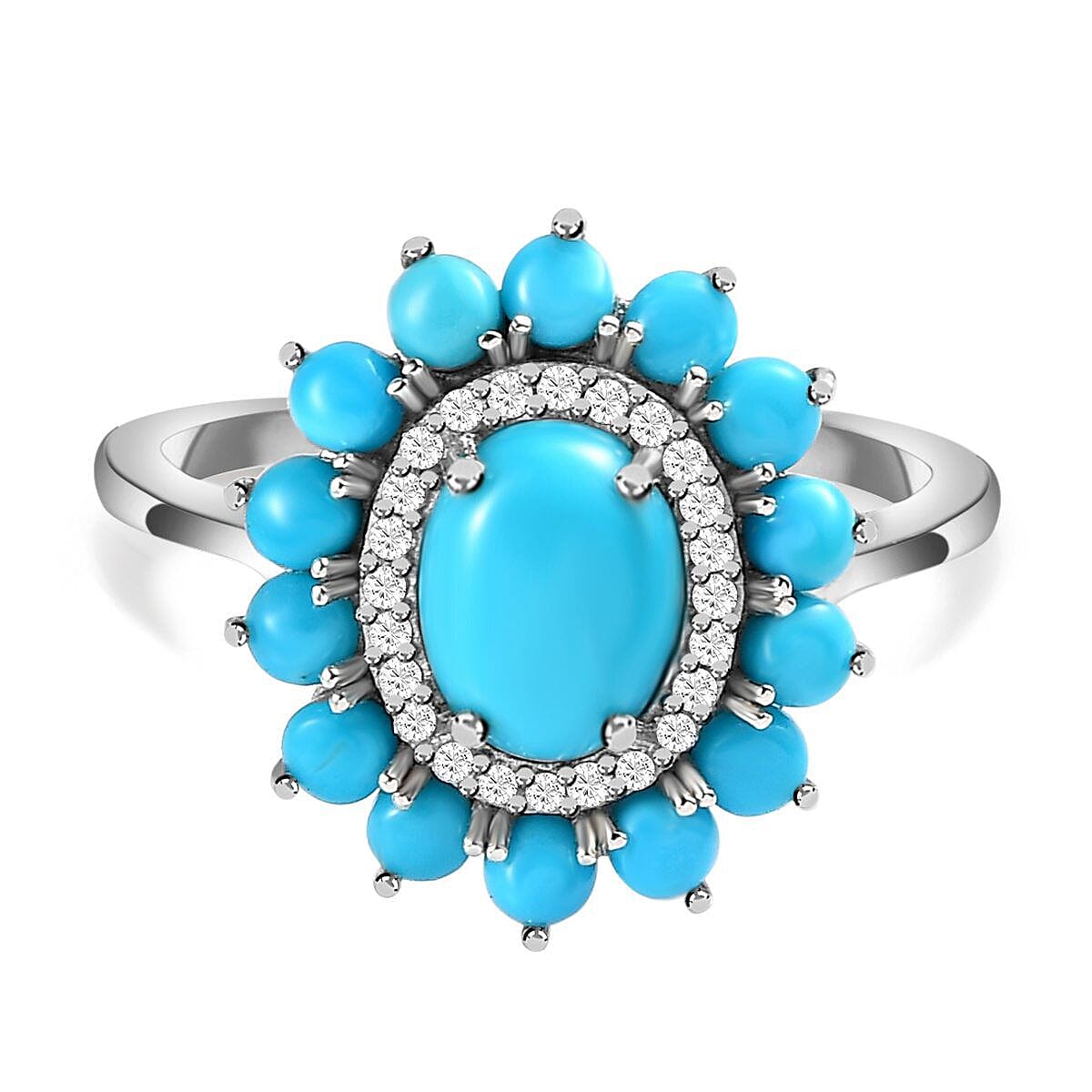 Arizona Sleeping Beauty Turquoise and Natural Zircon Cocktail Ring in Platinum Overlay Sterling Silver 2.130 Ct