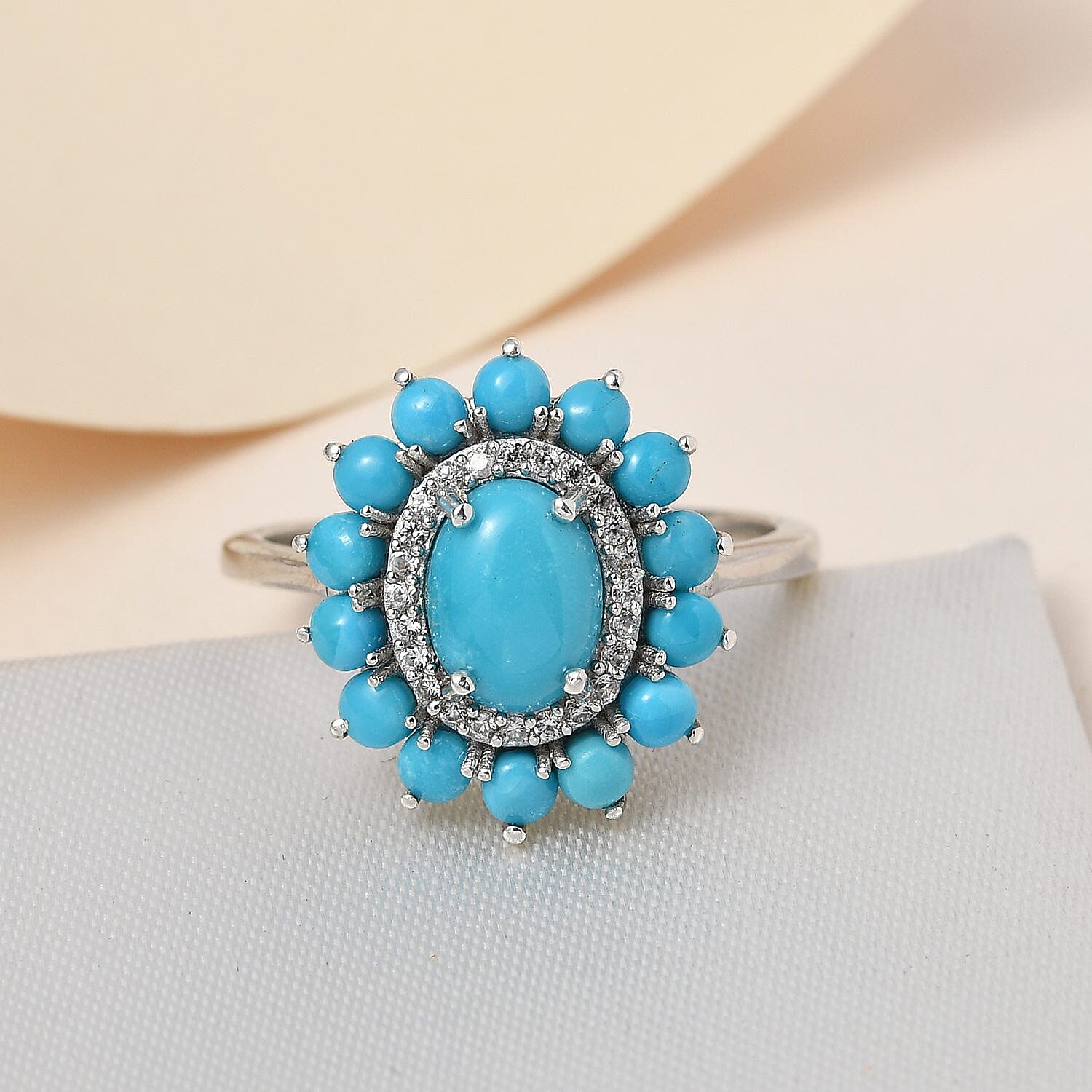 Arizona Sleeping Beauty Turquoise and Natural Zircon Cocktail Ring in Platinum Overlay Sterling Silver 2.130 Ct
