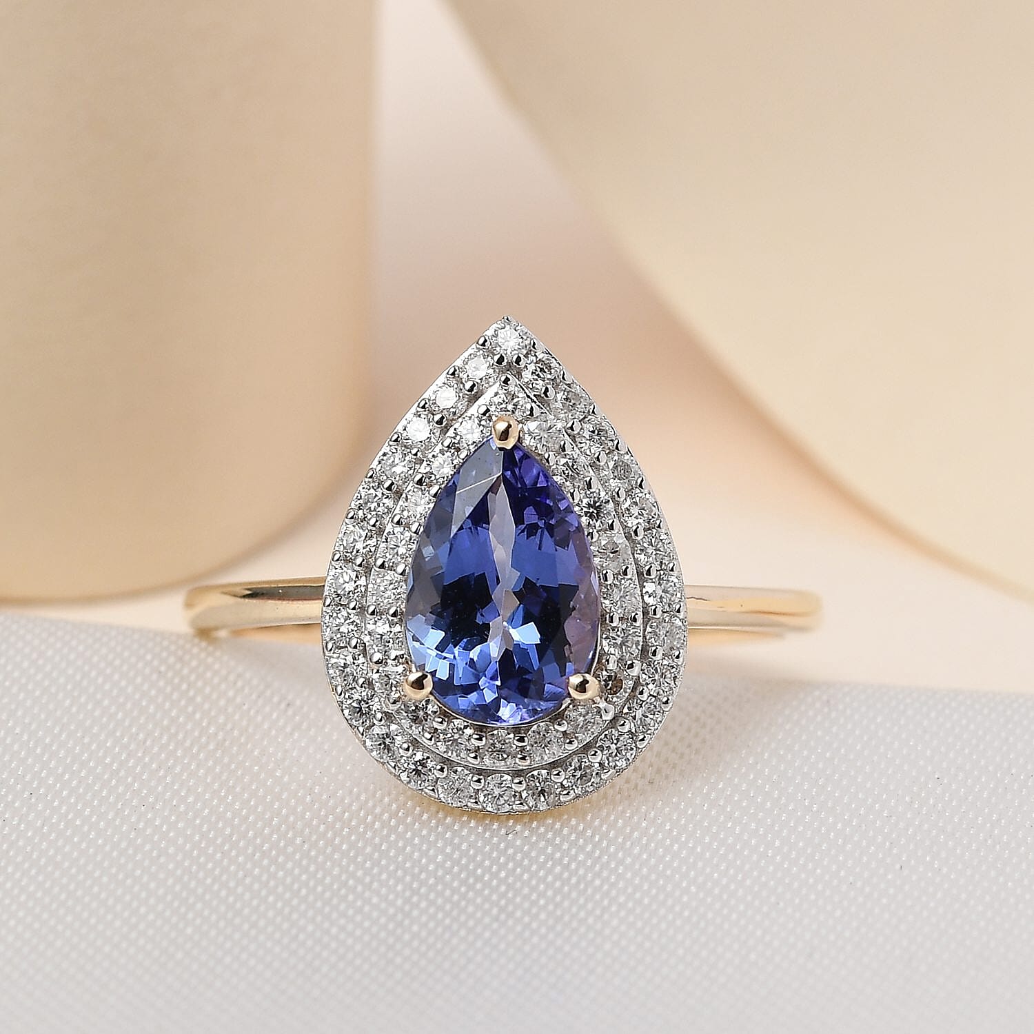 9K Yellow Gold Premium AA Tanzanite and Moissanite Ring 1.85 Ct.