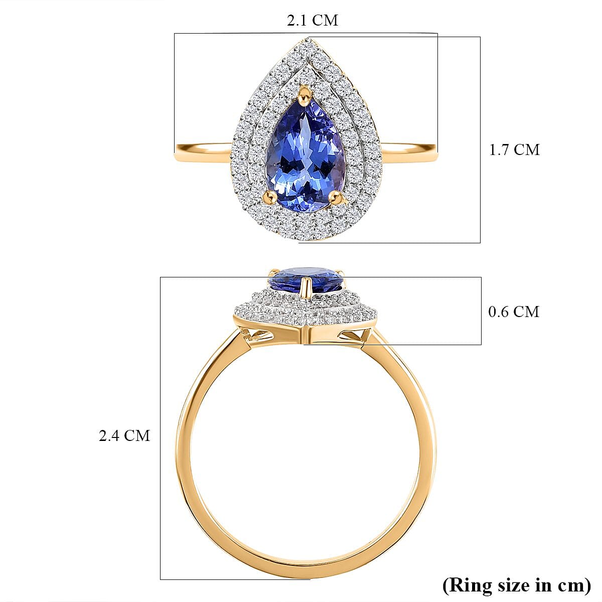 9K Yellow Gold Premium AA Tanzanite and Moissanite Ring 1.85 Ct.