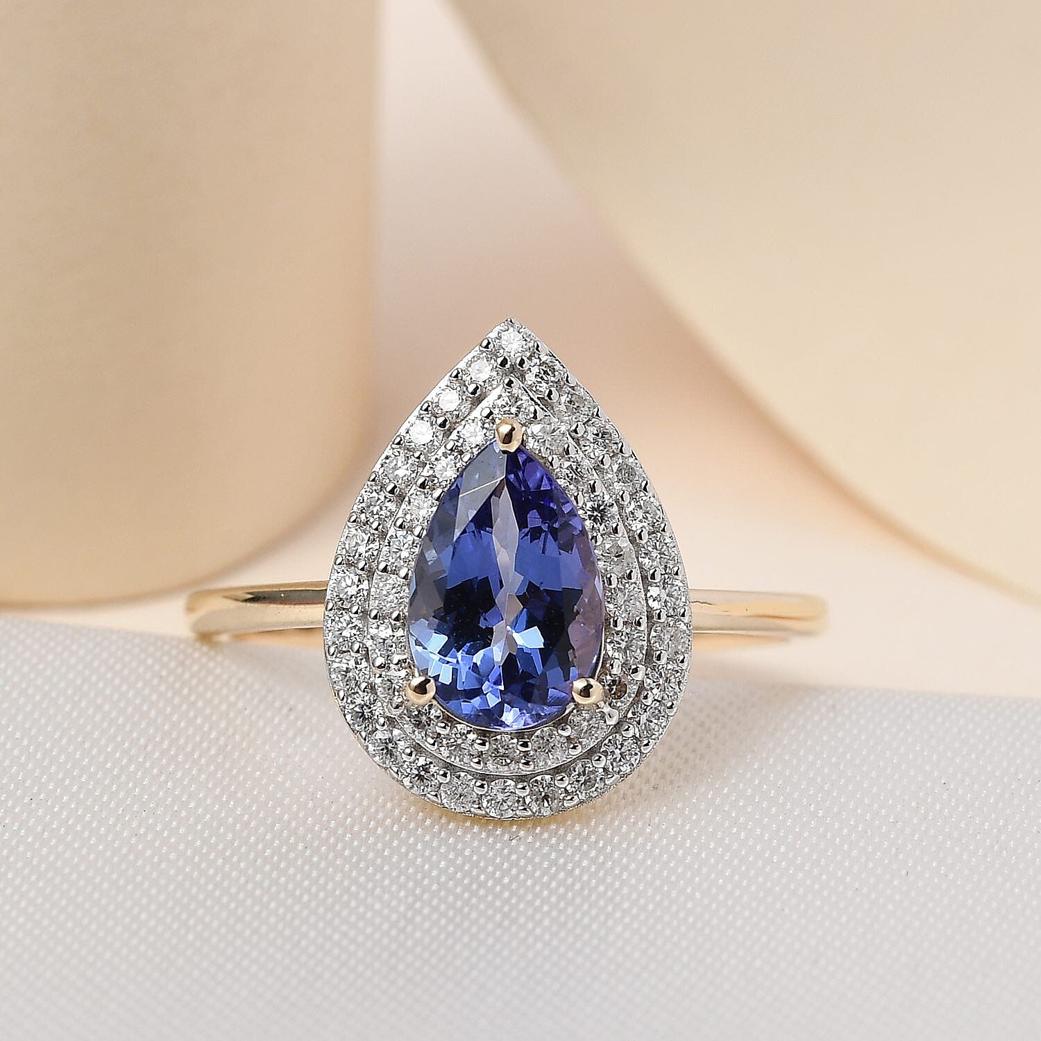 9K Yellow Gold Premium AA Tanzanite and Moissanite Ring 1.85 Ct.